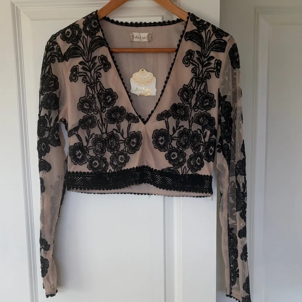 Altar'd State Black Floral Embroidered Sheer V-Neck Crop Top on Nude - Picture 1 of 7